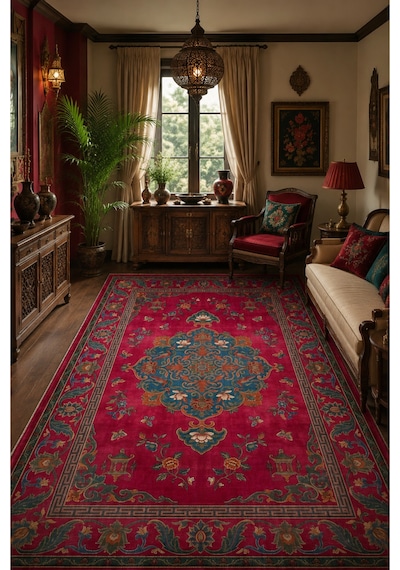Oriental Garden Fuşya Petrol Çiçek Ve Kuş Desenli Dekoratif Halı 3044-1 Bordo