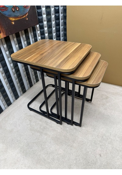 3 Lü Zigon Sehpa Seti Metal Ayaklı Ahşap Desen Tabla Modern Tasarım Amalfi Cevizi