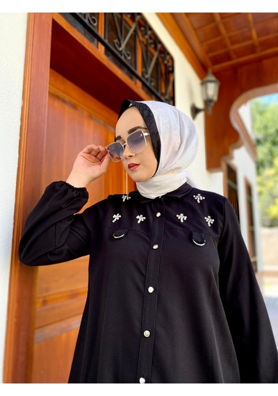 Taşlı Şık Düğme Detaylı Gömlek Siyah