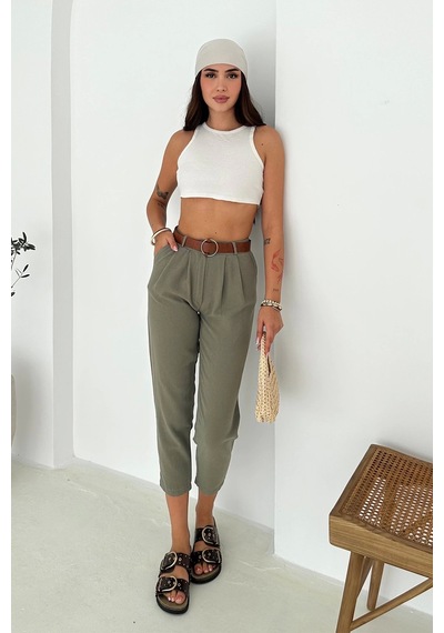 Asprin Fashion Kemer Detaylı Keten Pantolon Haki Haki