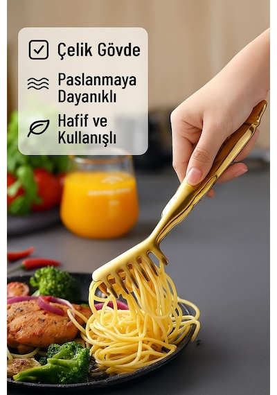Çelik Gold Taraklı Mutfak Salata Makarna Spagetti Maşası Maşa Cin623sr Çelik Altın