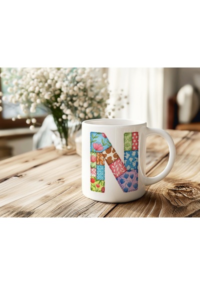 N Harfi Renkli Yamalı Tasarım Kupa Bardak - Bohem Patchwork Desenli Kupa - Etnik Hediyelik Beyaz