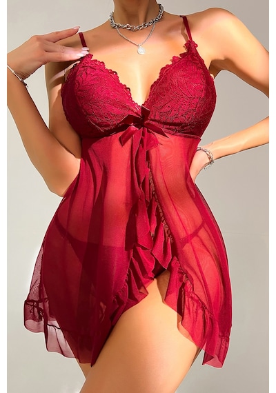Moda Dua Kadın Bordo Dantelli, Fırfırlı Tül Ve Fiyonk Detaylı Tangalı Gecelik Takımı