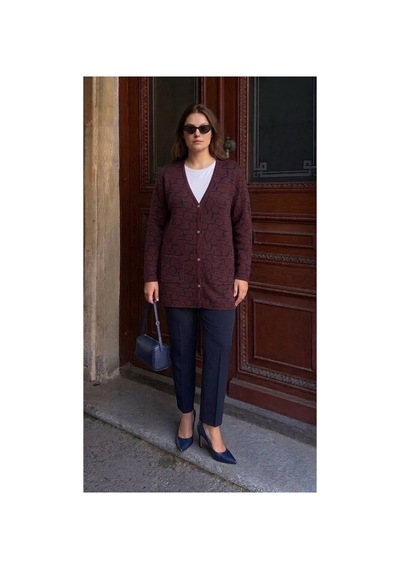 Onno Style Women Kalp Desenli Klasik Triko Düğmeli Ceket Bordo