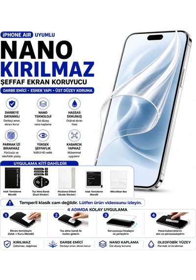 İphone 17 Air Uyumlu Şeffaf Nano Kırılmaz Hidrojel Ekran Koruyucu Darbe Emici Tam Kaplama Kılıf Dostu