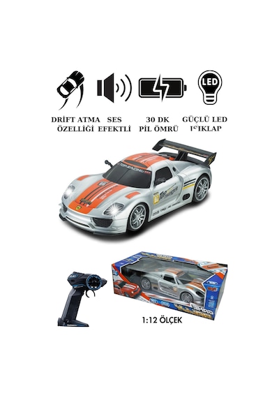 1:12 Ölçek Uzaktan Kumandalı Şarjlı Drift Arabası - Büyük Boy Işıklı Ve Sesli Yarış Arabası Gri Turuncu