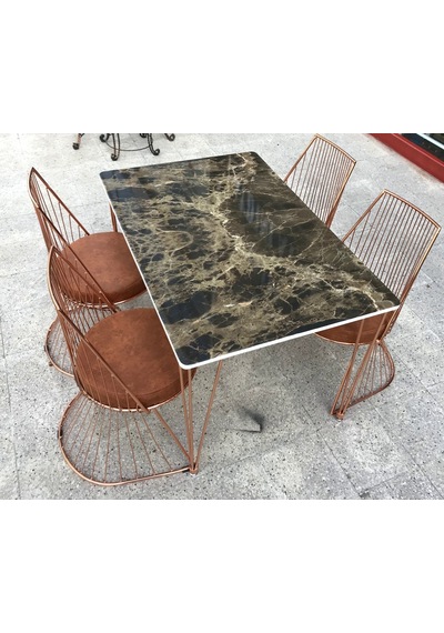 Masa Tel Sandalye Model Takım Metal Çelik Rose Japon Ayak Mdf Lam Siyah Mermer Tabla El Yapım