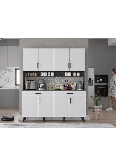 Denze Kahve Köşesi Çok Amaçlı Dolap Kiler Mutfak Dolabı Füme Beyaz 160 Cm Antrasit Beyaz Denze Kahve Köşesi Çok Amaçlı Dolap Kiler Mutfak Dolabı Füme Beyaz 160 Cm Antrasit Beyaz