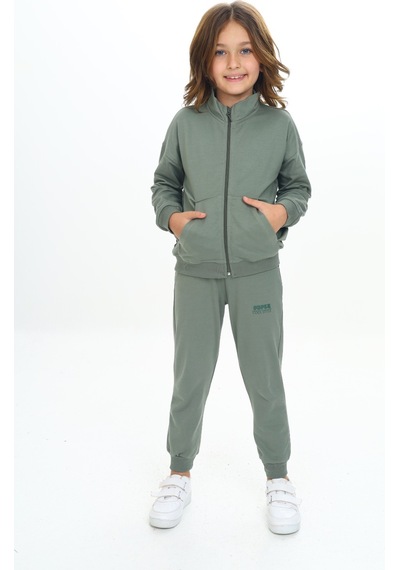 Toontoy Kids Toontoy Kız Çocuk 2'li Takım Dik Yaka Fermuarlı Cepli Sweatshirt & Beli Paçası Ribanalı Jogger Eşofman Altı - 2 İplik Yeşil