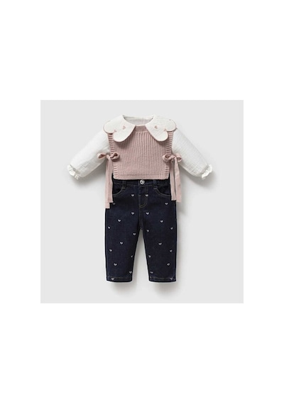 Ministok Lumiere Nakışlı Balon Jean Süveter Ve Gömlekten Oluşan 3'lü Kız B Pembe