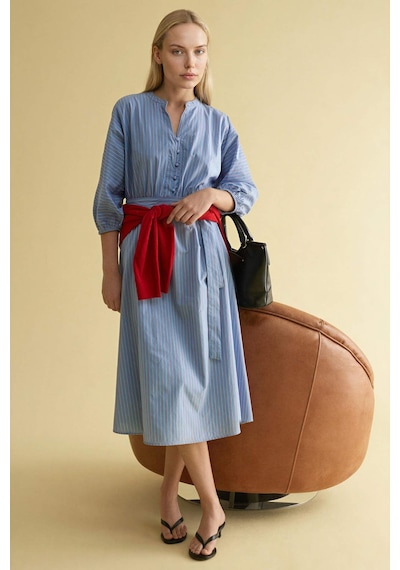 Defacto Poplin Çizgili Midi Elbise H0110ax26spbe196 Mavi-be196