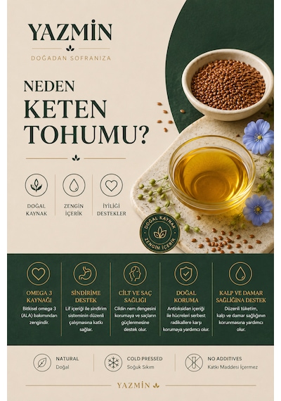 Yazmin Keten Tohumu Yağı 250 Ml Cam Şişe Soğuk Sıkım %100 Saf Doğal Keten Yağı