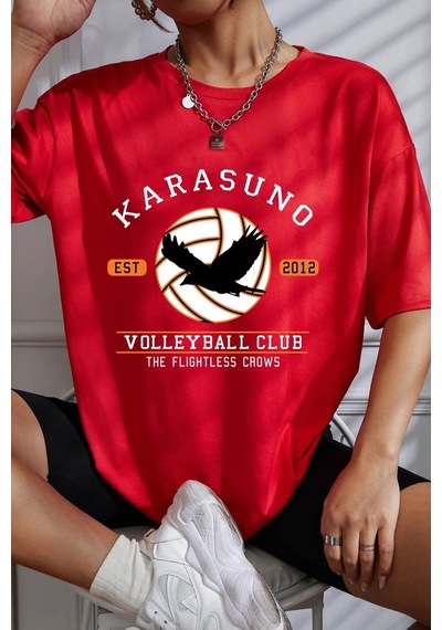 Unisex Karasuno Baskılı T-shirt Kırmızı