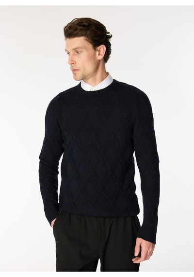 Alpha Studio Lacivert Erkek %100 Yün Slim Fit Kazak Au-7050c Crew Neck
