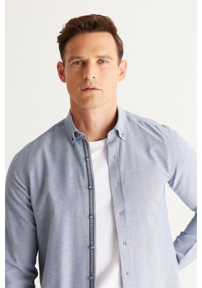 AC&Co / Altınyıldız Classics Erkek Indıgo Slim Fit Dar Kesim Düğmeli Yaka Pamuklu Armürlü Gömlek İndigo