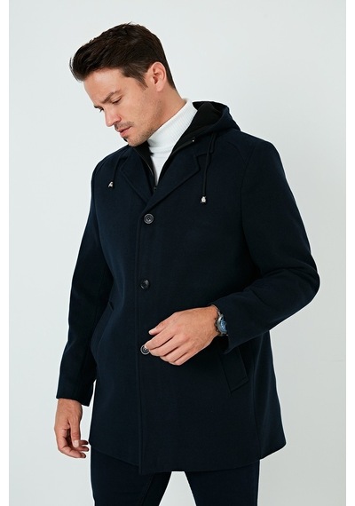 Buratti Çıkarılabilir Kapüşonlu Kırçıllı Slim Fit Kaşe Erkek Kaban 5841013 Lacivert