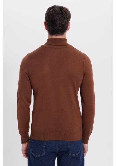 Tudors Slim Fit Tam Boğazlı Yaka Düz Yün Kahverengi Erkek Triko Kazak-39415 Kahverengi