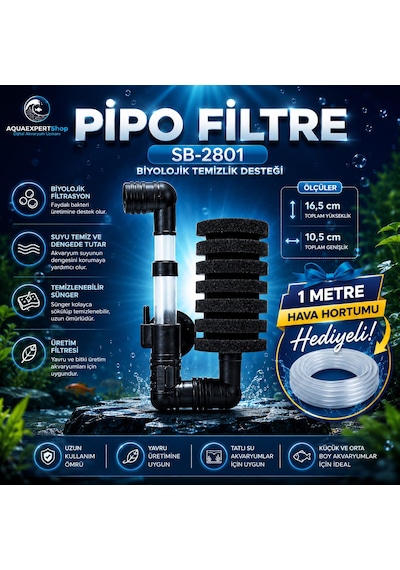 Obo Pipo Filtre - Üretim Filtresi - Biyolojik Temizlik - 1 Metre Hava Hortumu Hediye - 16,5 X 10,5 Cm. - Temizlenebilir Sünger - Sb-2801