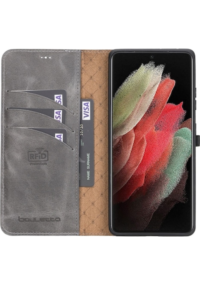 Bouletta Samsung Galaxy S21 Ultra Uyumlu Deri Cüzdanlı Kılıf TN18E Gri