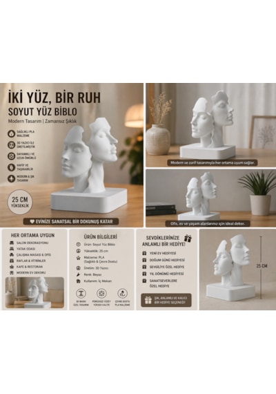 İki Yüz, Bir Ruh Soyut Yüz Biblo 3d Baskı Pla Modern Dekoratif Heykel 25 Cm