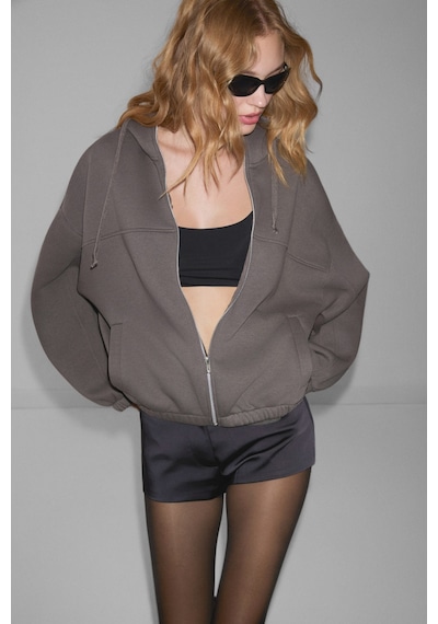 ETHIQUET VA IT Kadın Çift Cepli Eteği Ve Kol Ucu astikli Fermuarlı Oversize Gri Sweatshirt