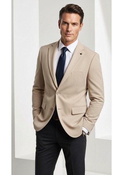 Plus Scorpion Erkek Slim Fit Çift Düğme Çift Yırtmaçlı Blazer Ceket Premium Dokulu Kumaş Bej
