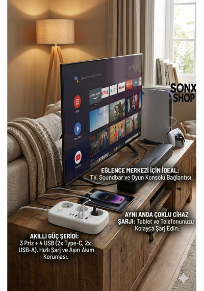 2500w Çoklu Priz 2 Metre - 3 Lü Ac Priz +5 Usb Çıkışı Akım Korumalı Alev Almayan Gövde, 3 Çıkışlı - 10 Metre - Beyaz
