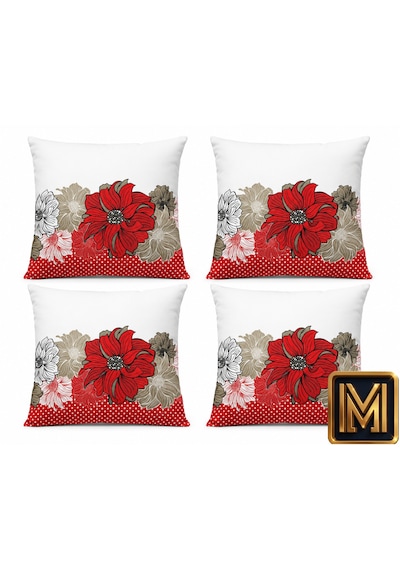Kırlent 8 4'lü Dekoratif Kırlent Kılıfı Seti 45x45 Cm Kırmızı Çiçek Desenli Modern Salon Ve Koltuk Yastık Kılıfı Gizli Fermuarlı Çok Renkli