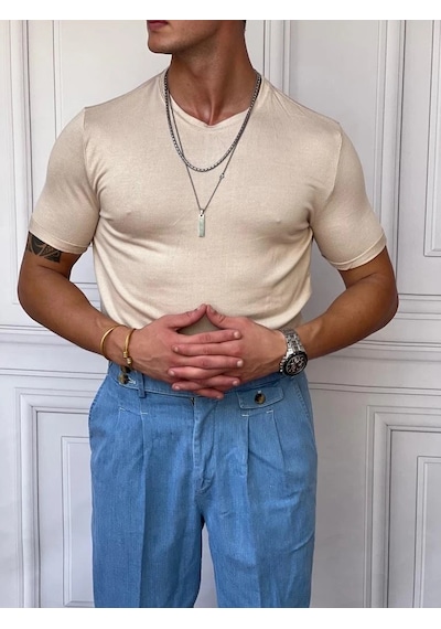 Modefendi Slim Fit Pamuk Triko Kumaş Tshırt Krem