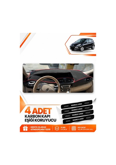 Renault Scenıc 3 2009-2016 Uyumlu Ön Torpido Koruma Kılıfı Halısı Örtüsü - Siyah Kırmızı