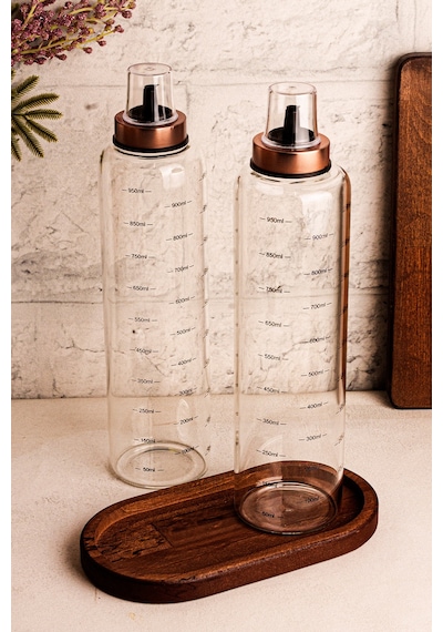 Bottle - 3 Parça Ahşap Standlı Damlatmaz 1 Lt Cam Yağdanlık Borosilikat Yağlık Sirkelik 1000ml SNPBOTTLEBKR3