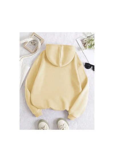 Medinenur Fermuar Desenli Kedili Kapüşonlu Oversize Sweatshirt Bej