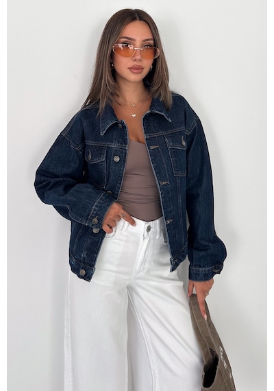 Kadın Koyu Mavi Oversize Beli Lastikli Düğmeli %100 Pamuk Kot Ceket 2 Beden Küçük Alın Lara-5009