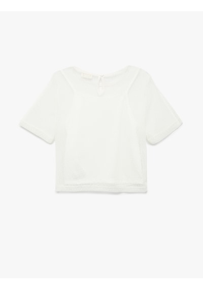 Koton Astarlı Kısa Kollu Bisiklet Yaka Tül Crop Bluz Ekru 5skg60196ak Ekru