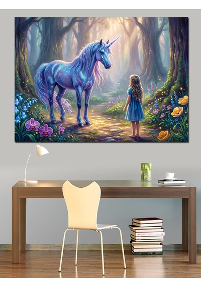 Ahşap Tablo Büyülü Ormanda Unicorn Ve Kız İnsan Figürlü Tablolar