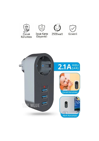 Akım Korumalı Tekli Duvar Priz 3xusb 2.1a 2500watt Çocuk Korumalı Diğer