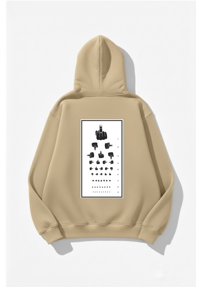 Uyguntarz Unisex Yumuşak Dokulu Göz Testi Baskılı Tasarım Oversize 3 İplik Hoodie Sweatshirt Bej
