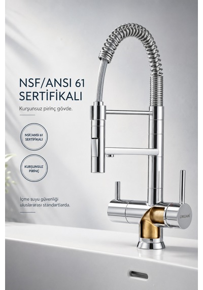 Nkd48n12cp 3 Yollu Spiralli Pull-down Arıtmalı Mutfak Bataryası Krom Tayvan Metal