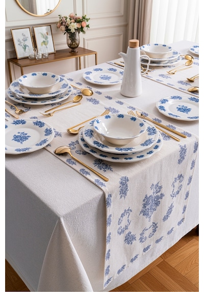 Vintage Flowers Blue 48 Parça 12 Kişilik Porselen Yemek Takımı Mavi