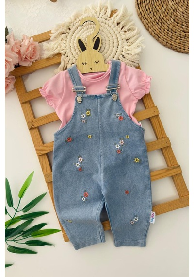 Miniğimin Cicileri Çiçek İşleme Desenli Kız Bebek Yazlık Salo.pet Takım Pembe