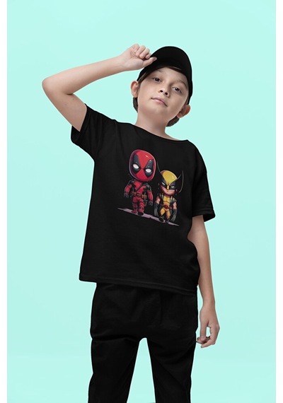Sevbano Deadpool Wolverine Baskılı Unisex Kahramanlar Film Çocuk Tişört Siyah