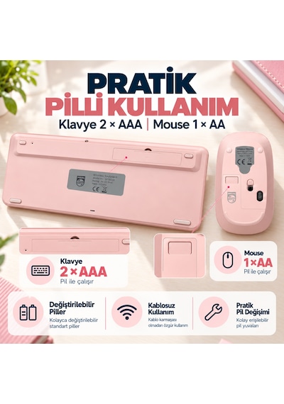Philips SPT6338BT Bluetooth ve 2.4GHz Kablosuz Türkçe Q 85 Tuşlu Klavye Mouse Seti