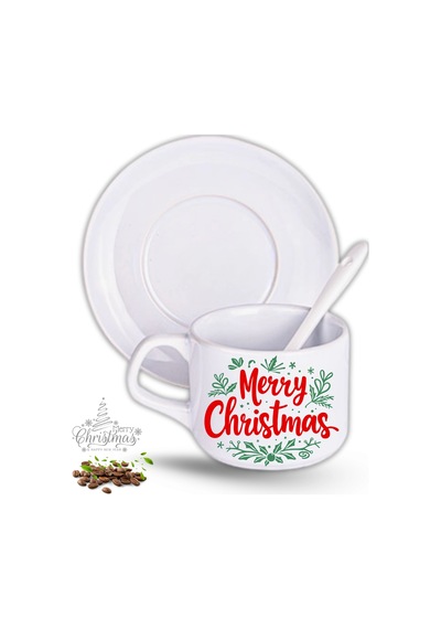 Yılbaşı Hediyesi Christmas Baskılı 2li Set Porselen Çay Kahve Fincan Seti Beyaz