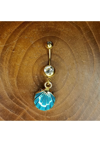 Aya Tasarım Gold Renk Turkuaz İstiridye Figürlü Göbek Piercing Altın