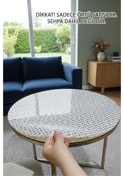 Yuvarlak Orta Sehpa Örtüsü Lüx Pvc Şeffaf, Krem, Modern, Şık, Dekoratif, Çeyizlik
