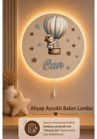 Ahşap Kapadokya Balonlu Lamba İsme Özel Pilli Ledli Gece Lambası Bebek Çocuk Odası Bej