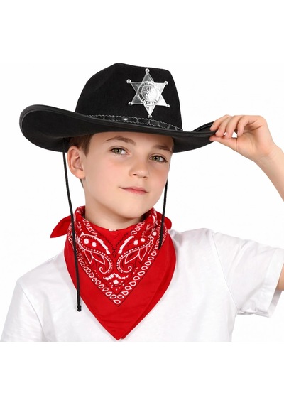 Mey İthalat Çocuk Kovboy Şapka Rozetli Siyah & Kırmızı Bandana Fular Seti