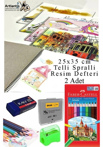 12 Renk Kuru Boya 25x35 Cm Telli Spralli Resim Defteri Hamur Silgi Kalemtraş 15 Yaprak Resim Defteri Kuruboya Kalemi Çok Renkli
