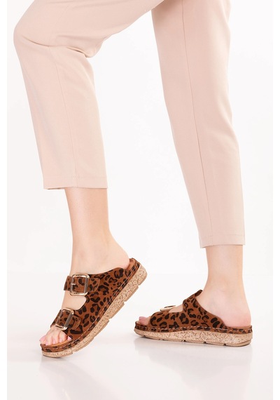 Gondol Hakiki Deri Rahat Konforlu Çift Tokalı Terlik Rh.200 Taba Leopar Taba - Leopar