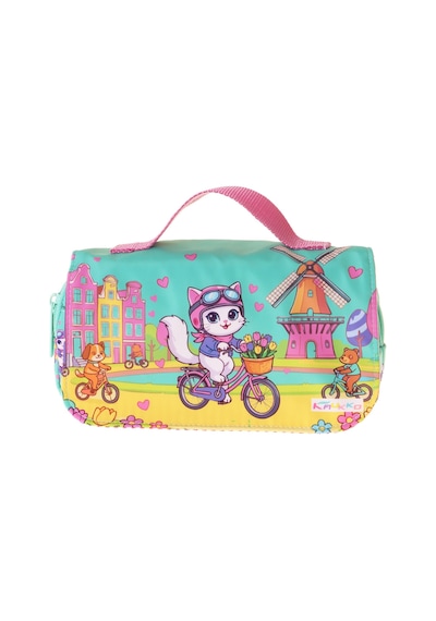 Kaukko Kids Taşıma Askılı Kız Çocuk Bisikletli Kedi Baskılı Şık Kalem Çantası Yeşil - Pembe - L5330 Çok Renkli